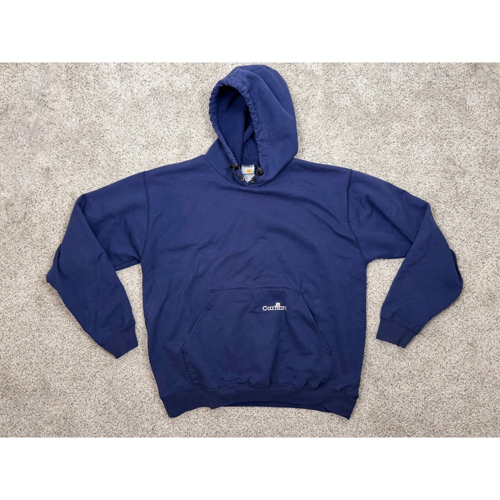 Carhartt K132 Hoodie Mens Large Navy Blue Embroidered Logo Heavyweight Pullover
